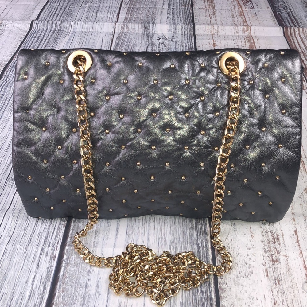 Badgley Mischka Gold Studded Dark Gray Cross Bag - Picture 8 of 9